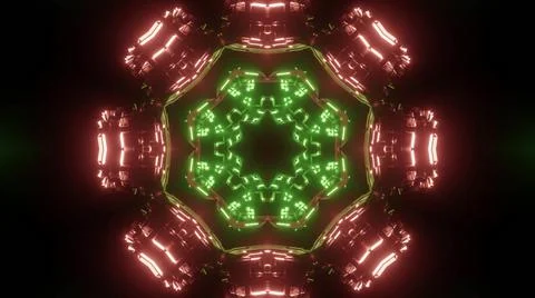 A 3D rendering of futuristic kaleidoscopic patterns in red and green vibrant  Stock Illustration