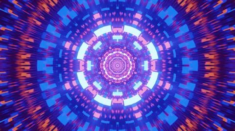 A 3D rendering of futuristic kaleidoscopic patterns in neon blue and purple v Stock Illustration