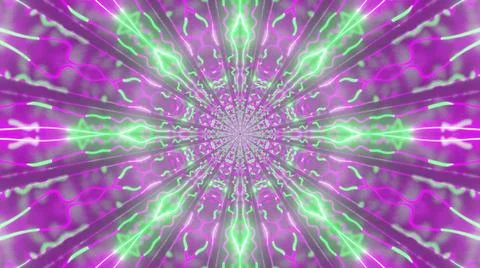 A 3D rendering of futuristic kaleidoscopic patterns in neon green and purple  Stock Illustration