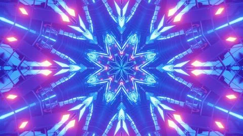 A 3D rendering of futuristic kaleidoscopic patterns in neon blue and purple v Stock Illustration