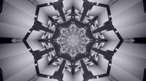 A 3D rendering of futuristic kaleidoscopic patterns in black and white vibran Stock Illustration