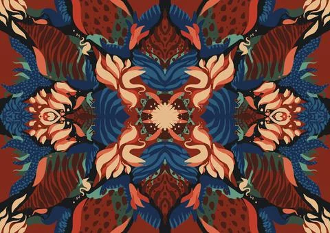 3D rendering of futuristic kaleidoscopic patterns background in vibrant red and 스톡 사진