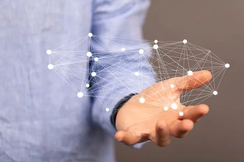 3D rendering of futuristic lines hovering over a man's hands 写真素材