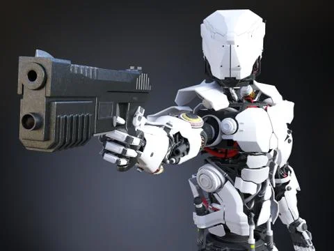 3D rendering of a futuristic robot cop holding gun. Stock Illustration