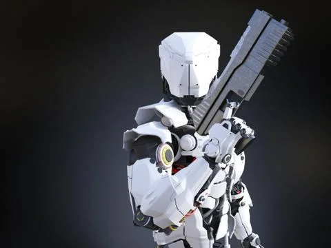3D rendering of a futuristic robot cop holding gun. Illustrazione stock