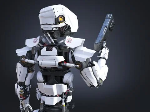 3D rendering of a futuristic robot cop holding gun. Stock-Illustration