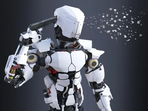 3D rendering of a futuristic robot cop holding gun to his head. Stock Illustration