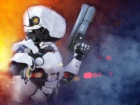 3D rendering of a futuristic robot hero cop holding gun. Stock Illustration