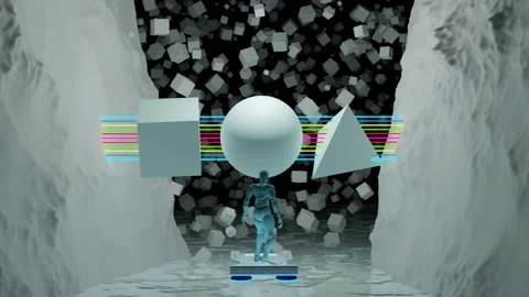 3d rendering of a futuristic robot hovering between icebergs with abstract float Stock-Footage 230980513
