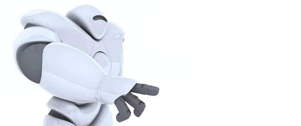 3D rendering of futuristic robot points with a finger, presses the button, .. Stock Photos