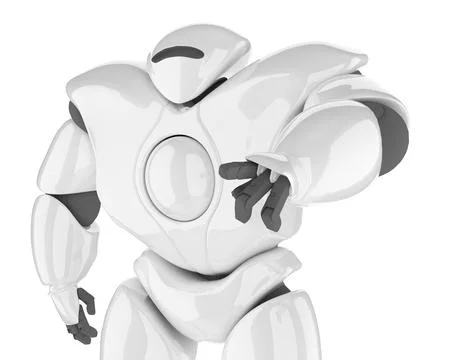 3D rendering of futuristic robot points with a finger, presses the button, .. Stock Photos