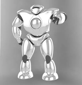 3D rendering of futuristic robot points with a finger, presses the button, .. Stock Photos