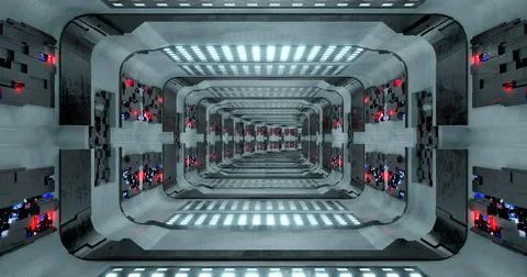 3d rendering. Futuristic sci-fi laboratory or spaceship corridor with neon li Stock Illustration