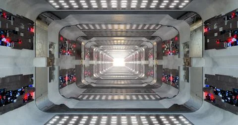 3d rendering. Futuristic sci-fi laboratory or spaceship corridor with neon li Stock Illustration