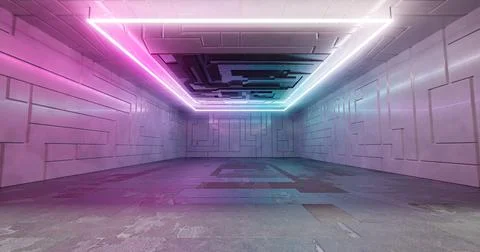 3d rendering. Futuristic sci-fi laboratory or spaceship corridor with neon li Stock Illustration
