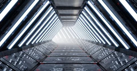 3d rendering. Futuristic sci-fi laboratory or spaceship corridor with neon li Stock Illustration