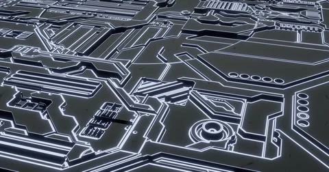 3d rendering. Futuristic surface of blocks of different shapes with neon edgi Stock Illustration