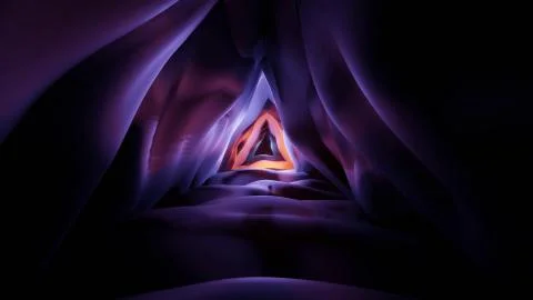 3D rendering of a futuristic triangular hallway in purple and orange colors Ilustração Stock