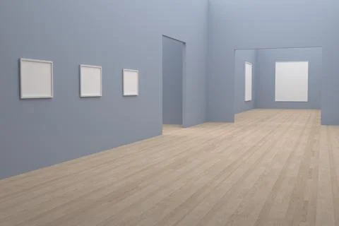3D rendering of a gallery with blue walls and empty frames with space for tex Illustrazione stock
