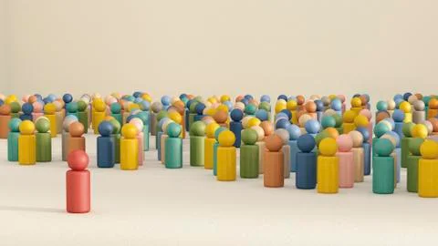 3D rendering of game pieces with one standing out from the crowd Stock Illustration