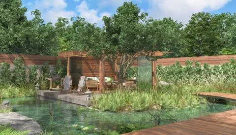 3d rendering of a garden with pond and a sitting area. Illustrazione stock