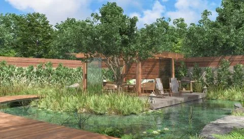 3d rendering of a garden with pond and a sitting area. Illustrazione stock