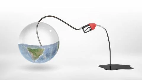 3d rendering of gas nozzle attached to a half empty glass earth globe and Stock-Illustration