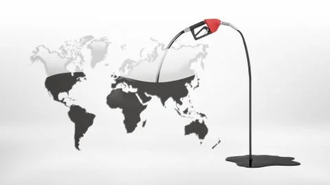 3d rendering of a gas nozzle pumping oil from a half-empty grey Earth map and Stock Illustration