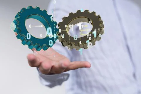 3D rendering of gears with binary code hovering over a man's palm Stock Photos