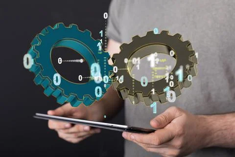 3D rendering of gears with binary code hovering over a table in a man's hands Stockfoto's