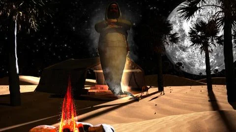 3d rendering of a Genie inside an arabian desert with fire Stock Illustration