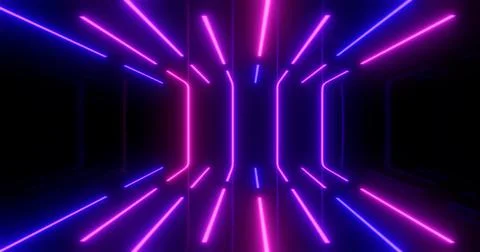 3D Rendering. Geometric figure in neon light against a dark tunnel. Laser glo Stock Illustration