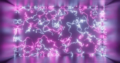 3D rendering. Geometric figure in neon light on a dark room. Electric line of Stock Illustration