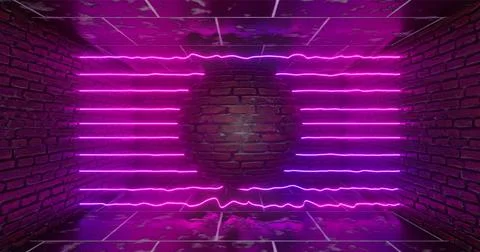 3d rendering. Geometric figure in neon light against a dark tunnel. Laser lin Stock Illustration