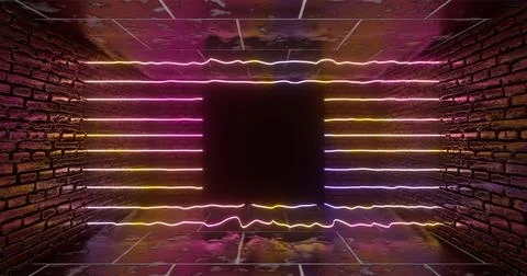 3d rendering. Geometric figure in neon light against a dark tunnel. Laser lin Stock Illustration