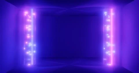 3d rendering. Geometric figure in neon light against a dark tunnel. Laser lin Stock Illustration