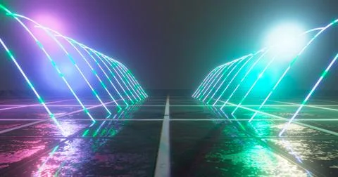 3D Rendering. Geometric figure in neon light against a dark tunnel. Laser glo Stock Illustration
