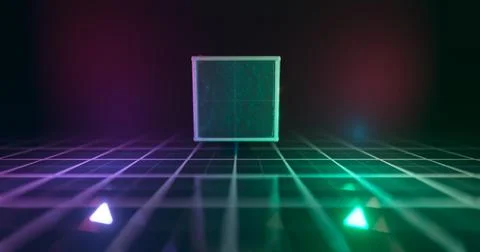 3D Rendering. Geometric figure in neon light against a dark tunnel. Laser glo Stock Illustration