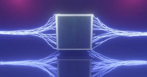 3D Rendering. Geometric figure in neon light against a dark tunnel. Laser glo Stock Illustration