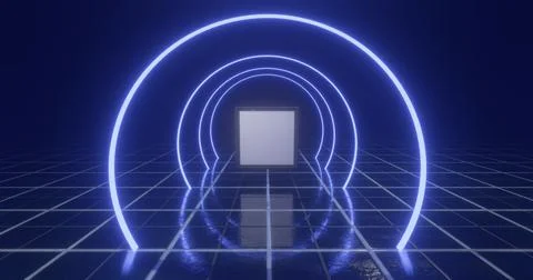 3D Rendering. Geometric figure in neon light against a dark tunnel. Laser glo Stock Illustration