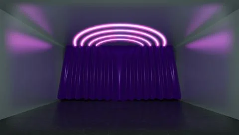 3D rendering. Geometric figure in neon light against a dark theatrical stage Stock Illustration