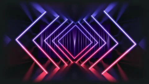 3D Rendering. Geometric figure in neon light against a dark tunnel. Laser glo Stock Illustration
