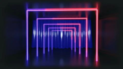 3D Rendering. Geometric figure in neon light against a dark tunnel. Laser glo Stock Illustration