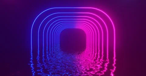 3D Rendering. Geometric figure in neon light against a dark tunnel. Laser glo Stock Illustration