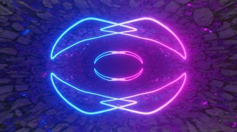 3d Rendering. Geometric figure in neon light against a dark tunnel. Laser glo Stock Illustration