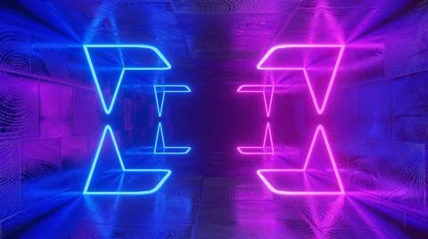3d Rendering. Geometric figure in neon light against a dark tunnel. Laser glo Stock Illustration