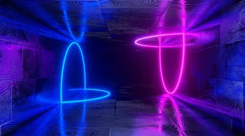 3d Rendering. Geometric figure in neon light against a dark tunnel. Laser glo Stock Illustration
