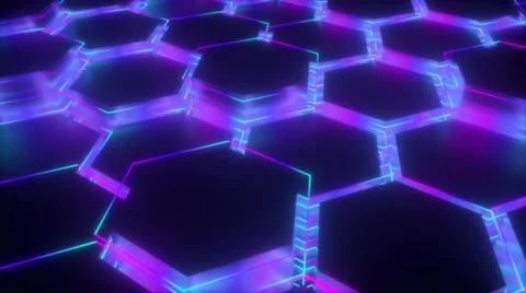 3d rendering of geometric glowing background. Computer generated neon hexagonal Stock-Illustration