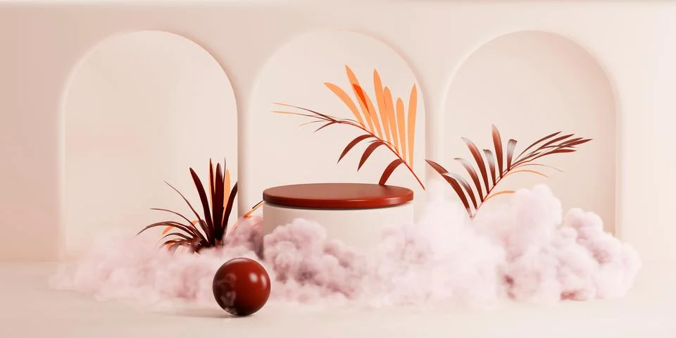 3D rendering of geometric objects surrounded by red fern branches and clouds on Stock Illustration
