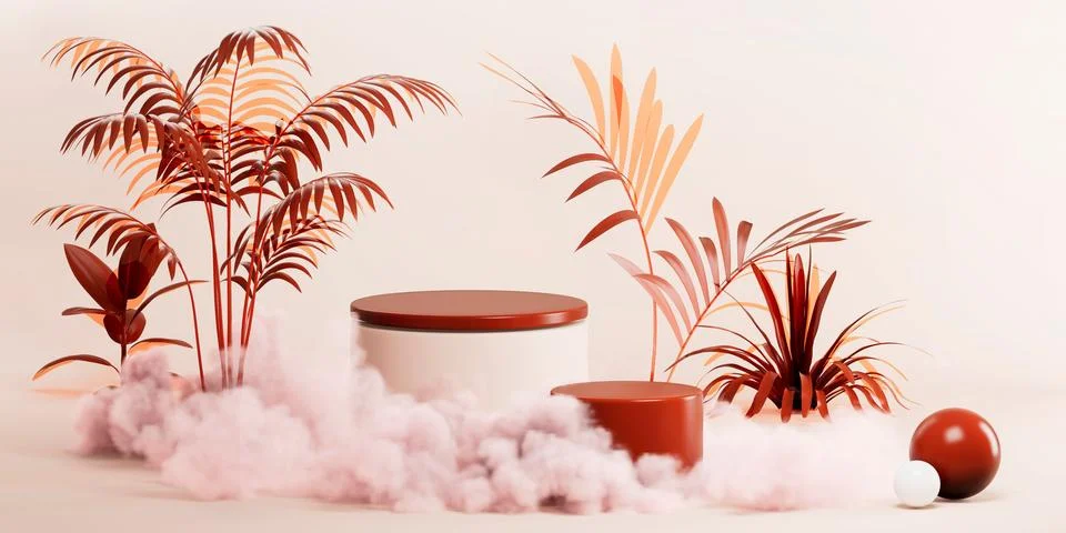 3D rendering of geometric objects surrounded by red fern branches and clouds on 스톡 일러스트